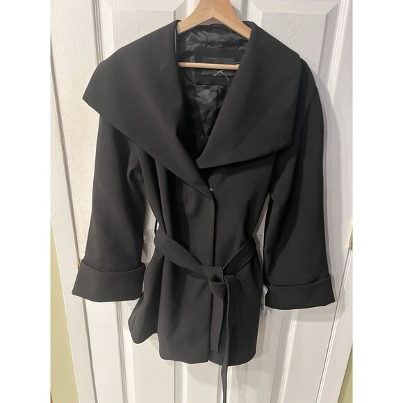 Tahari Coat Womens Large Riley Crepe Drape Neck Black Tie Belt Snap Close New - Picture 2 of 12